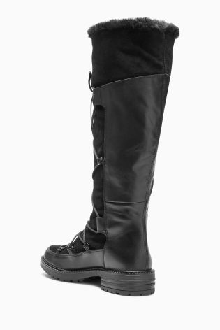 Black Lace-Up Faux Fur Lined Long Boots